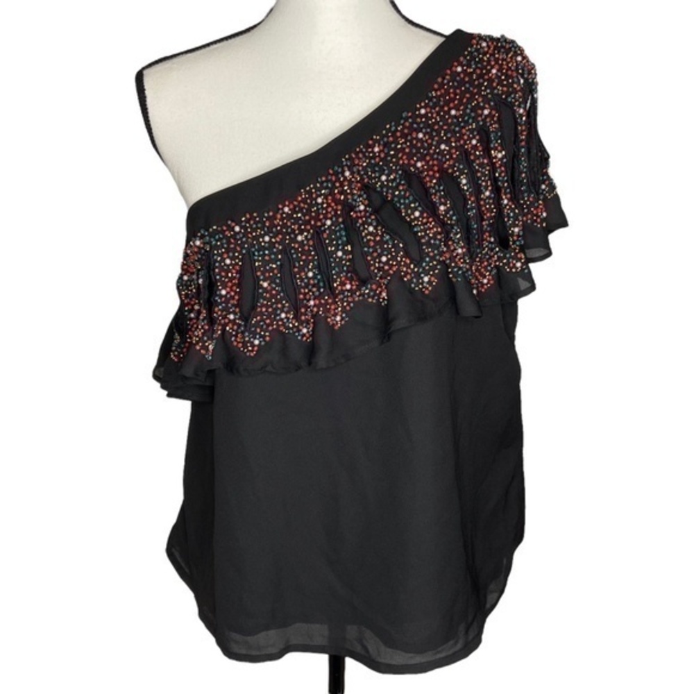 Chloe Oliver Top Black One Shoulder Beaded Cutout Detail Blouse Size XL